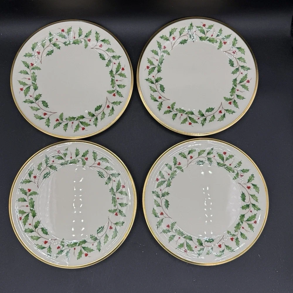 4 Lenox Holiday‎ Dimension Salad Plate Holly Berries Gold Rim Christmas MINTY